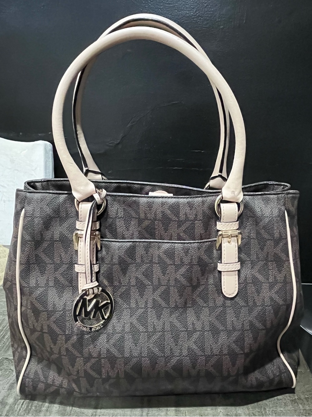 Michael Kors Brown MK Logo Tote with Cream Trim